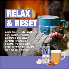 Steaming cup of Tiesta Tea brewed hot delivering warming caramel-apple comfort