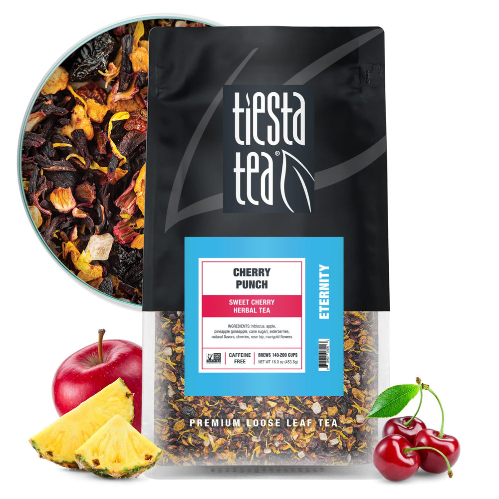 Tiesta Tea front packaging showing cherry punch flavor and vibrant design, highlights freshness