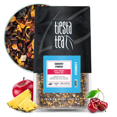 Tiesta Tea front packaging showing cherry punch flavor and vibrant design, highlights freshness