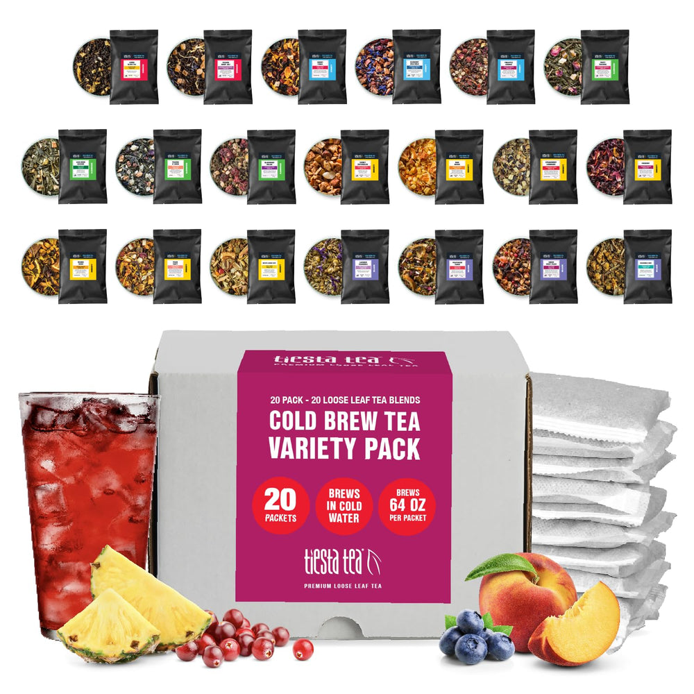 Tiesta Tea front packaging showing 20 cold brew sachets and variety benefits