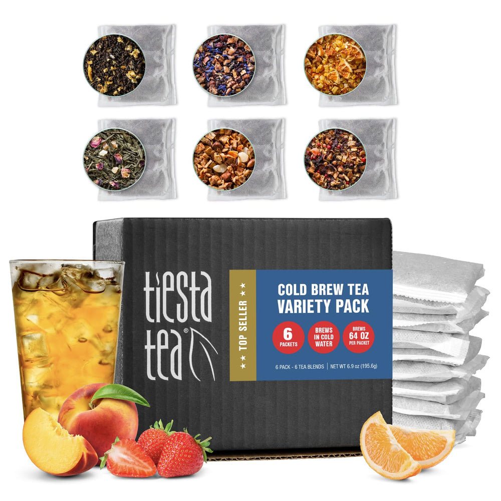 Tiesta Tea front packaging showing six cold brew flavors and convenience
