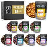 Tiesta Tea front packaging showing sampler pouches and vibrant branding, inviting discovery