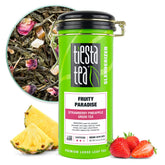 Tiesta Tea pouch front view showing Fruity Paradise branding and vibrant colors for gift appeal