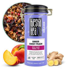 Tiesta Tea tin front view showing label and fresh design, highlights freshness