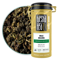 Tiesta Tea front tin showcasing Milk Oolong branding and airtight benefit