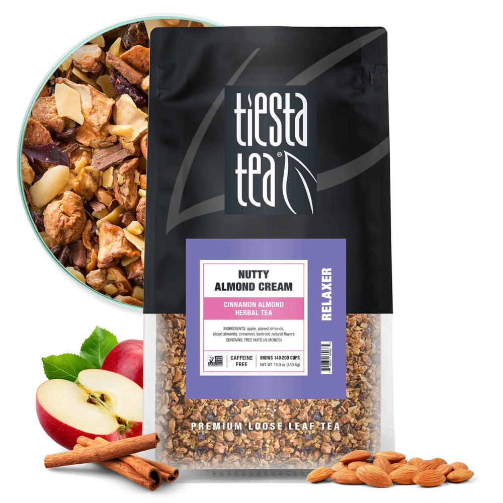 Tiesta Tea pouch front view showing Nutty Almond Cream and freshness benefit
