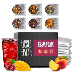Tiesta Tea pack front showing six cold brew mocktail blends and resealable pouches for variety