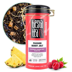 Tiesta Tea front tin showing Passion Berry Jolt and freshness
