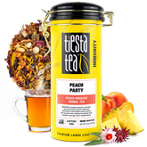 Tiesta Tea front packaging showing peach-hibiscus blend and appeal