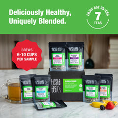 Tiesta Tea sample pouches arrayed to display each green flavor and choice variety