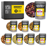 Tiesta Tea sampler front packaging showing eight resealable pouches and variety benefits