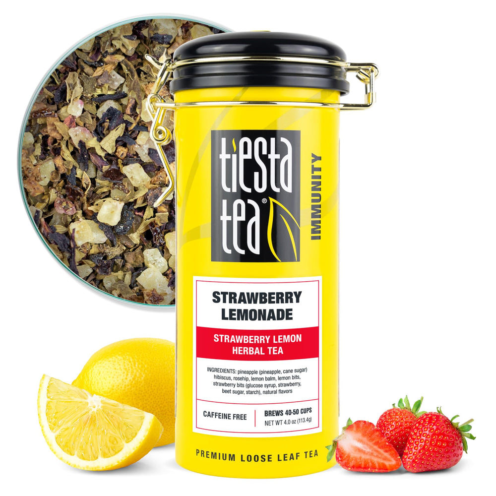 Tiesta Tea tin front view showing bright strawberry lemonade branding and shelf appeal