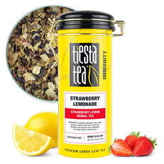 Tiesta Tea tin front view showing bright strawberry lemonade branding and shelf appeal