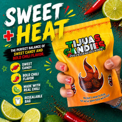 Tijuas close-up texture of gummy and chamoy coating highlighting tangy crunch benefit