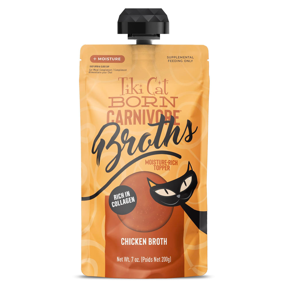Tiki Cat front packaging showing six 7 oz chicken broth pouches and product name benefit