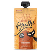 Tiki Cat front packaging showing six 7 oz chicken broth pouches and product name benefit