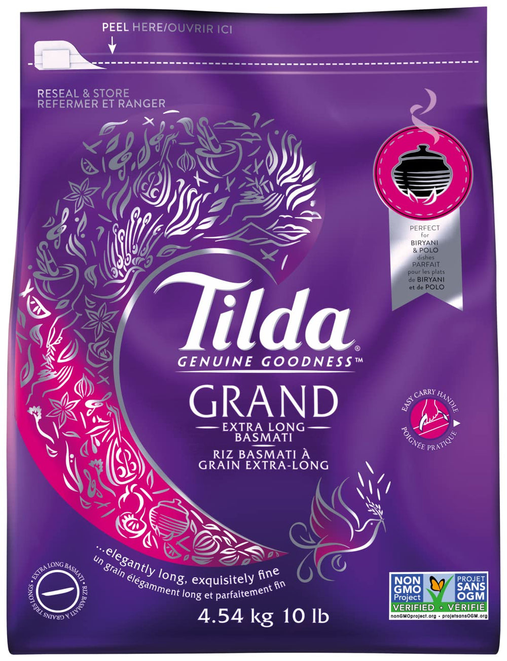 Tilda Grand Finest 10 lb bag front view shows brand and premium basmati, highlighting convenience