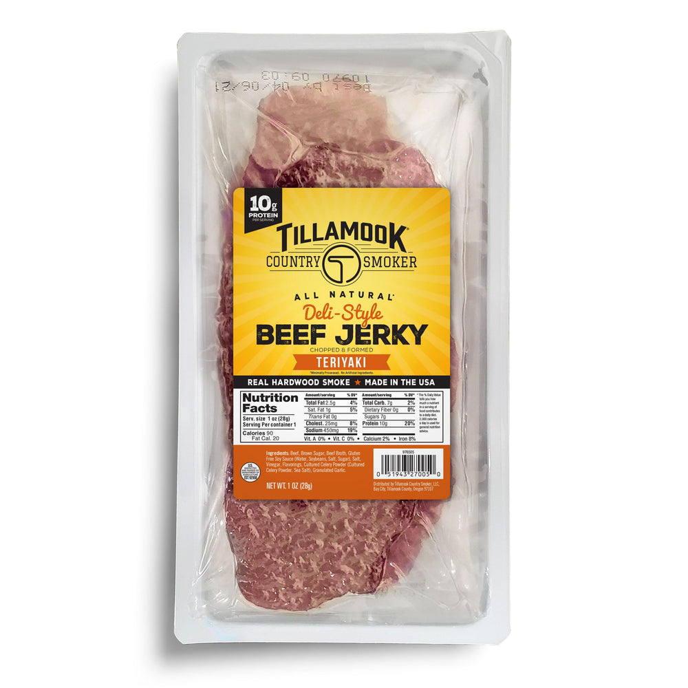 Tillamook Country Smoker front packaging showing teriyaki slab and product branding benefit: clear labeling