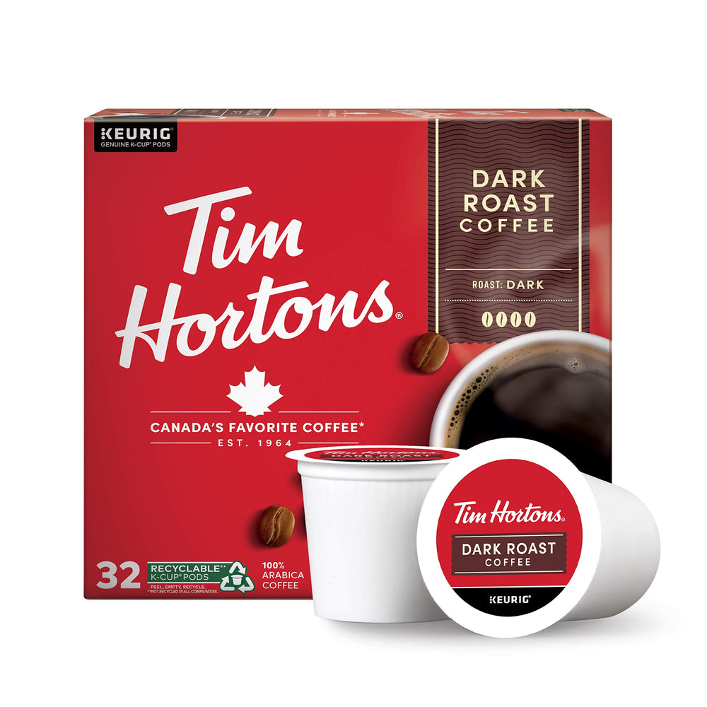 Tim Hortons box front showing 32ct pods and bold roast, clear branding benefit
