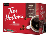 Tim Hortons front box of Dark Roast 24ct K-Cups showing packaging and brand benefits