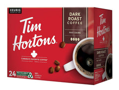 Tim Hortons front box of Dark Roast 24ct K-Cups showing packaging and brand benefits