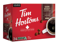 Tim Hortons Dark Roast pod side label displaying roast name and brewing instructions benefits