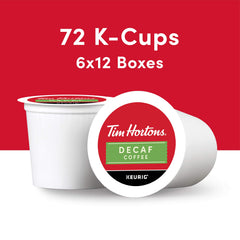 Close-up top view of a Tim Hortons decaf K-Cup pod highlighting easy insertion and consistent brewing