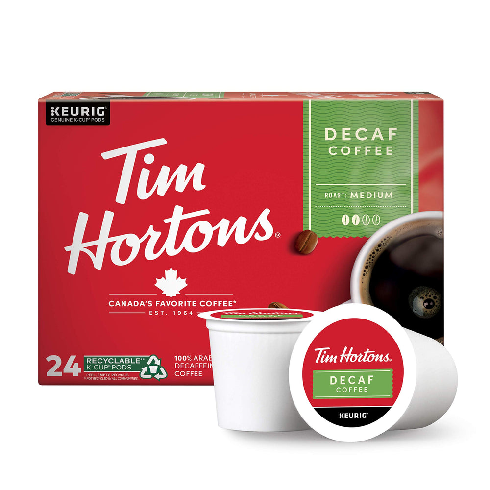 Tim Hortons front packaging displaying 24-count decaf K-Cups, convenient storage