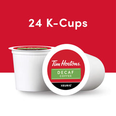 Close-up of Tim Hortons decaf K-Cup pods showing lid detail and branding clarity