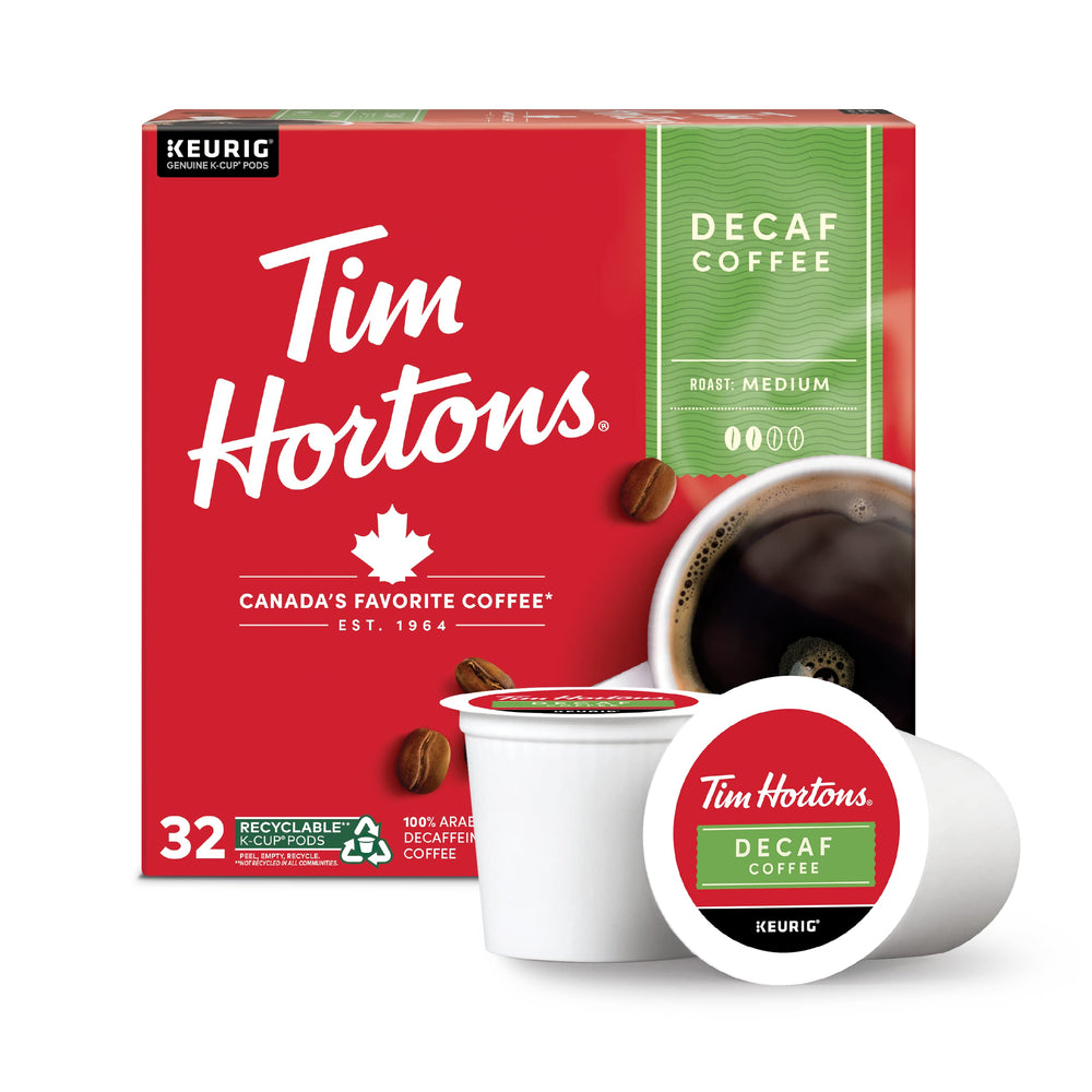 Tim Hortons box front view showing branding and 32-count convenience