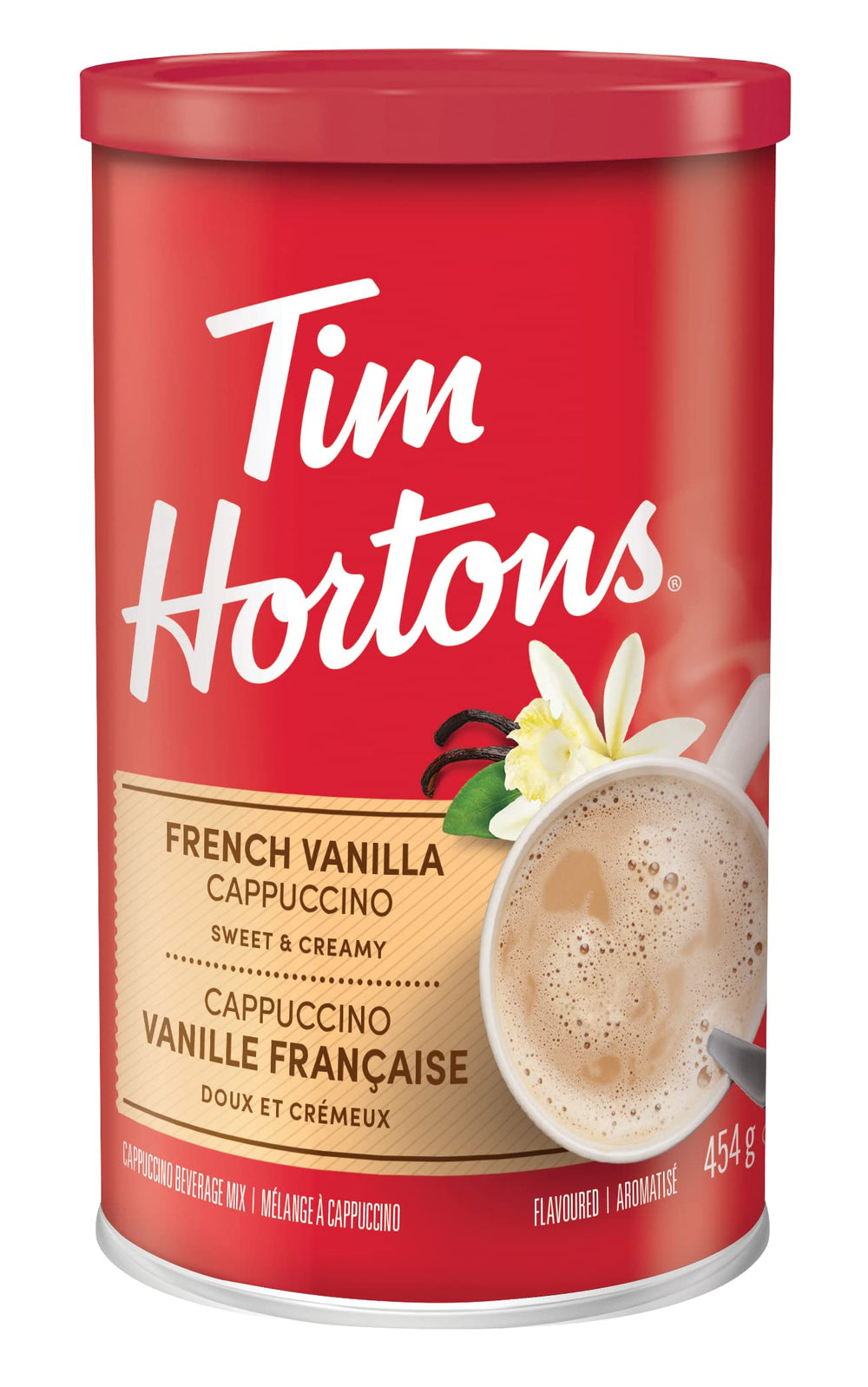 Tim Hortons front packaging showing the French Vanilla 16-ounce container and clear labeling for convenience