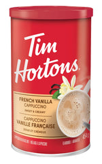 Tim Hortons front packaging showing the French Vanilla 16-ounce container and clear labeling for convenience