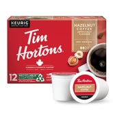 Tim Hortons front packaging showing hazelnut flavor and 12-count convenience