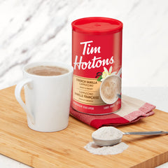 Tim Hortons open jar showing fine instant cappuccino powder texture for easy mixing
