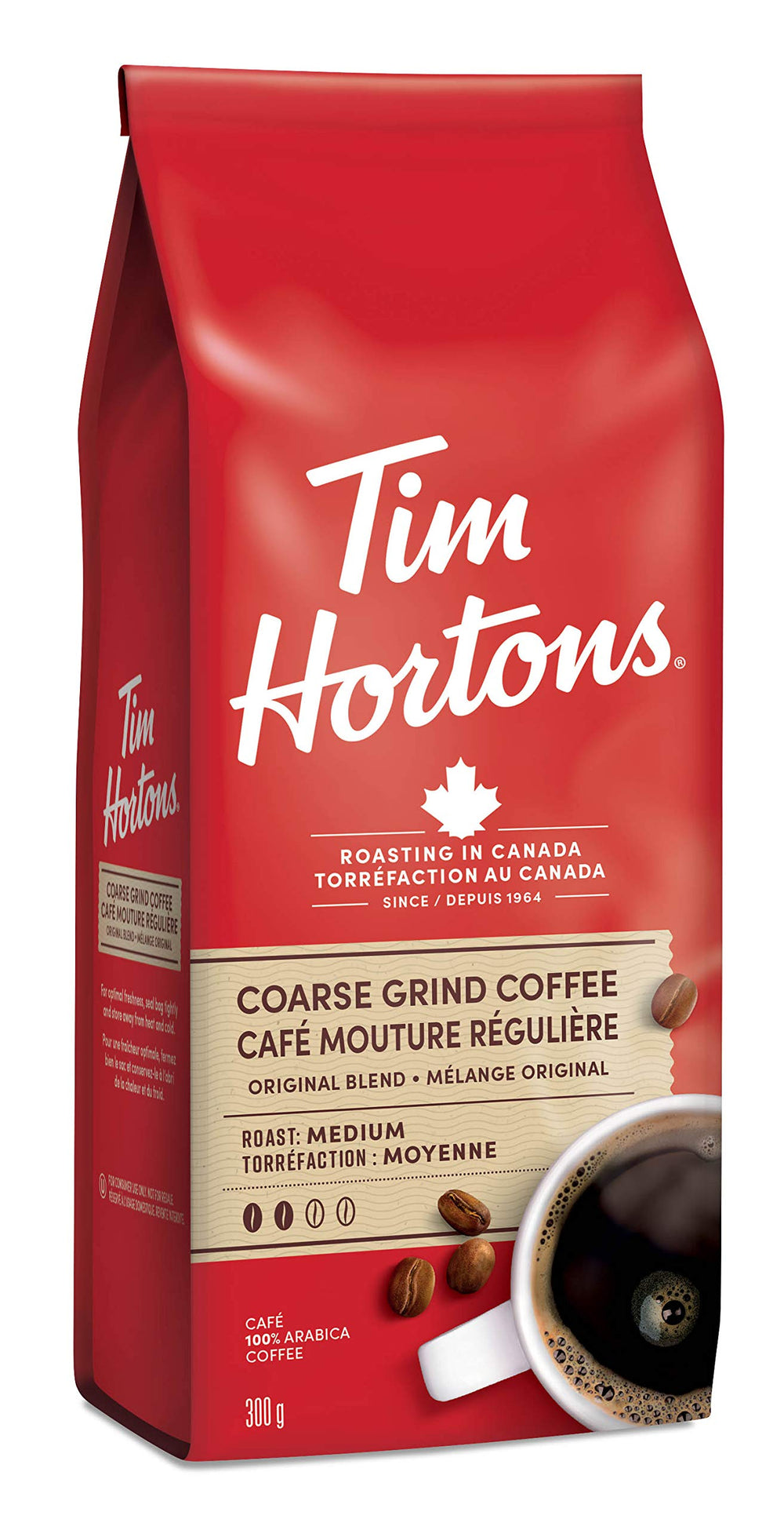 Tim Hortons front bag view showing label and medium-roast benefit
