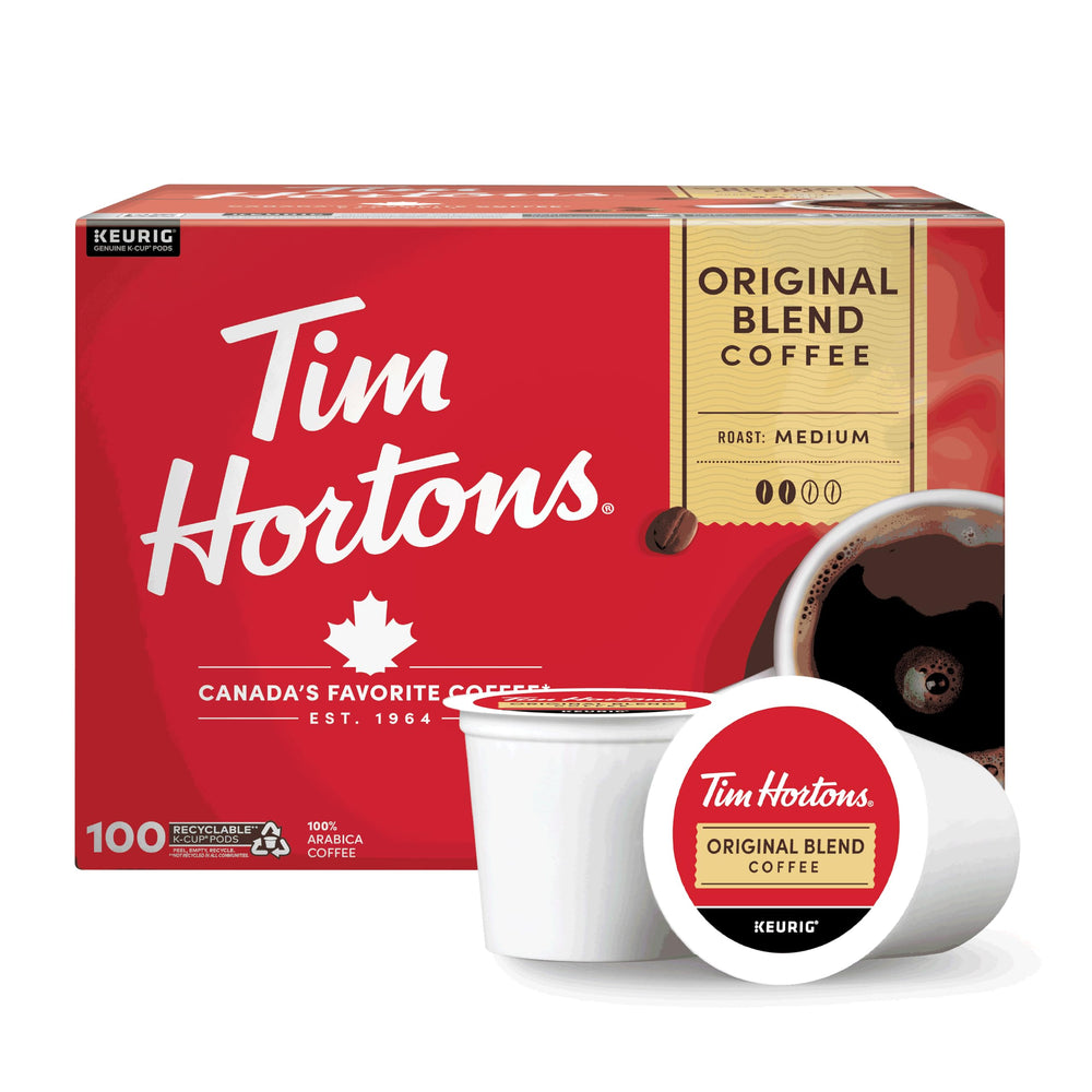 Tim Hortons front packaging showing 100-count K-Cups and brand logo for convenience