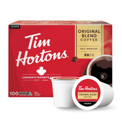Tim Hortons front packaging showing 100-count K-Cups and brand logo for convenience