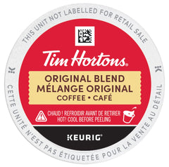 Top view of Tim Hortons Original K-Cup pod displaying brand and everyday taste