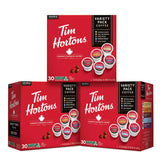 Tim Hortons front packaging of 90-count variety pack showing assortment and convenience