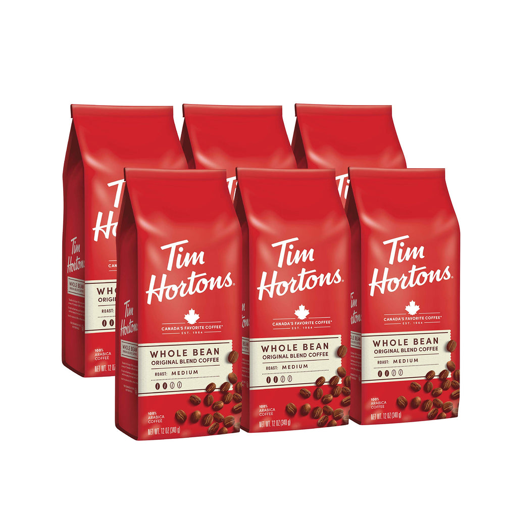 Tim Hortons front packaging showing brand and medium roast for reliable freshness