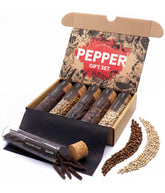 Timber Taste front packaging showing five pepper jars and gift-ready presentation benefit