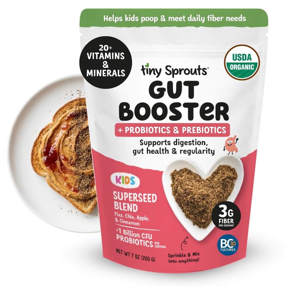 Tiny Sprouts front packaging showing apple cinnamon flavor and benefits