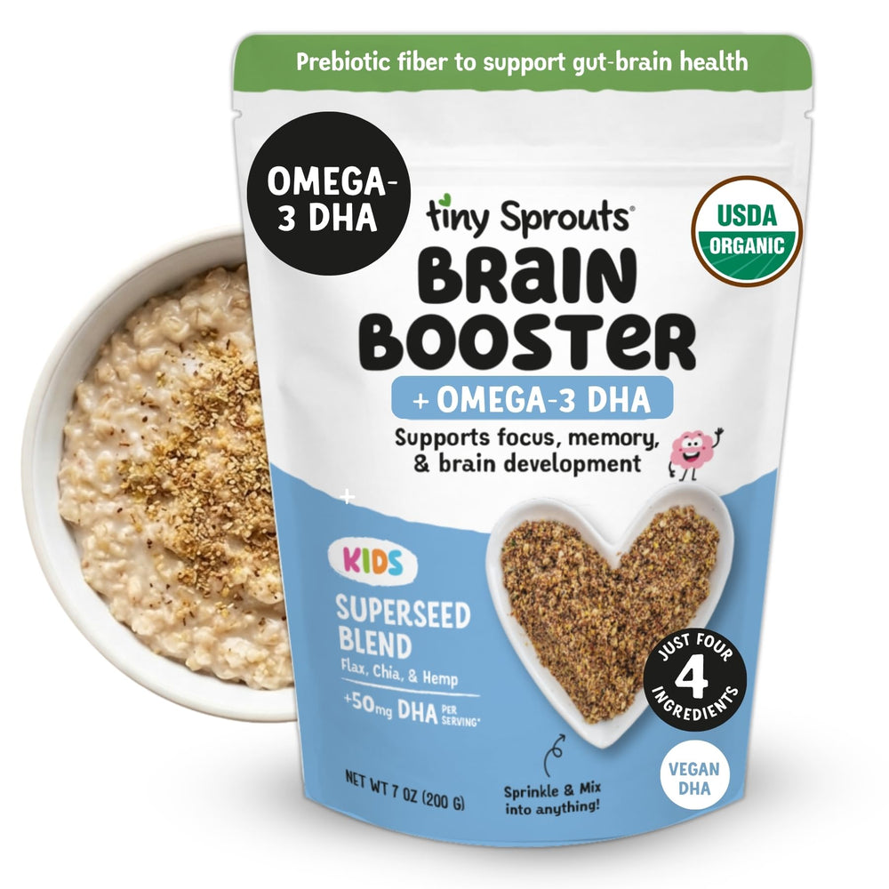 Tiny Sprouts front packaging showing organic superseed blend and benefits