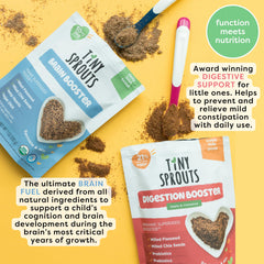 Tiny Sprouts Brain Booster open jar showing milled seeds and omega-rich texture for focus