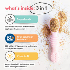 Tiny Sprouts powder being poured into yogurt for added fiber and probiotics