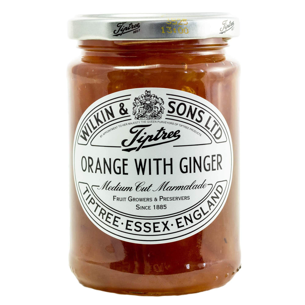 Tiptree jar front view showing orange and ginger marmalade, ideal spread flavor