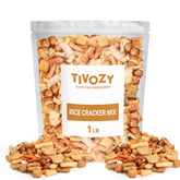 TIVOZY front packaging showing 1 lb rice cracker mix and party-ready appeal