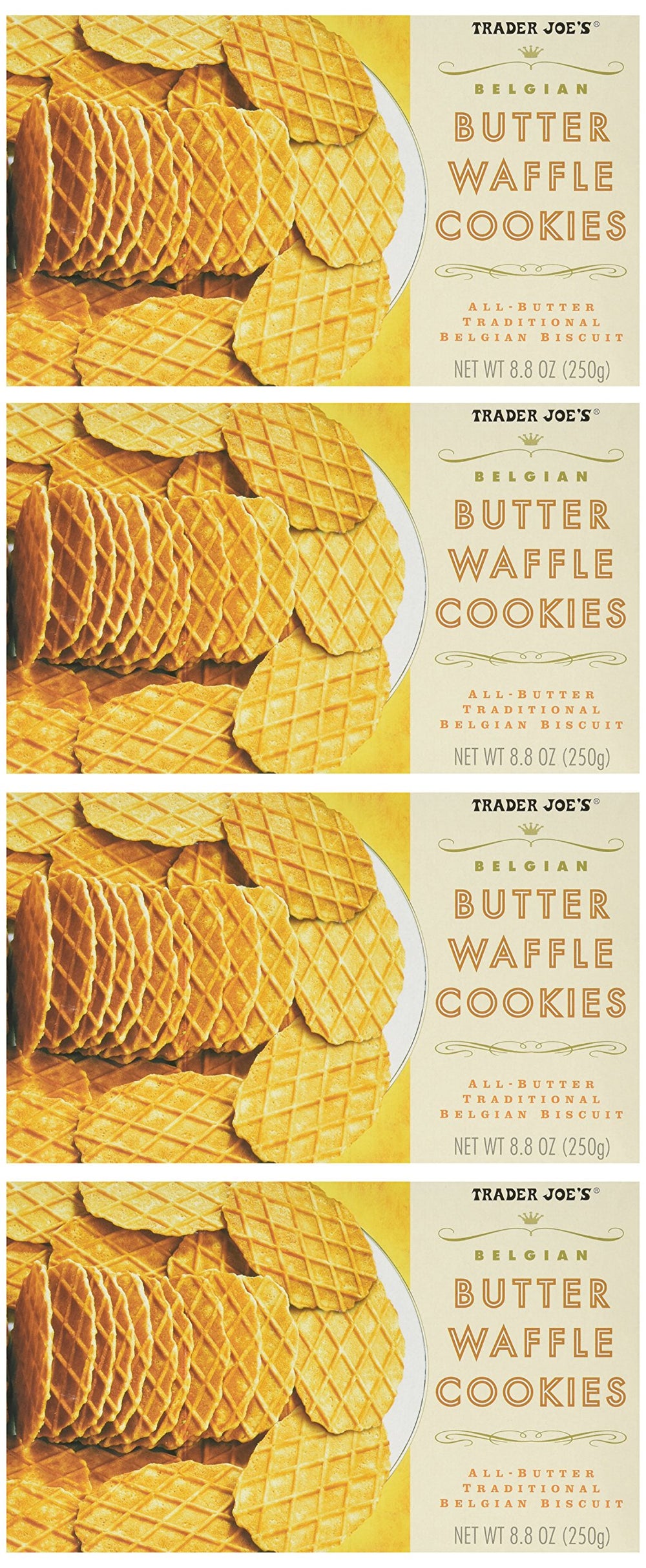 TJ's box front packaging showing waffles and buttery cookies, ideal for snacking