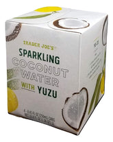 TJ's front packaging of sparkling coconut water with yuzu showing four slim cans, refreshing and portable