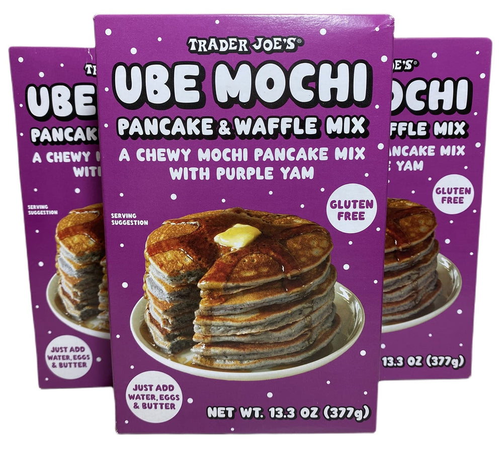 TJ's front packaging of ube mochi pancake mix showing vibrant purple box for eye-catching breakfasts
